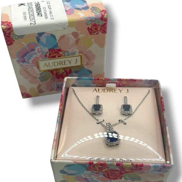 NEW Audrey J Blue Cubic Zirconia Earrings & Necklace Set Pave Crystal Gift Box - Picture 1 of 9